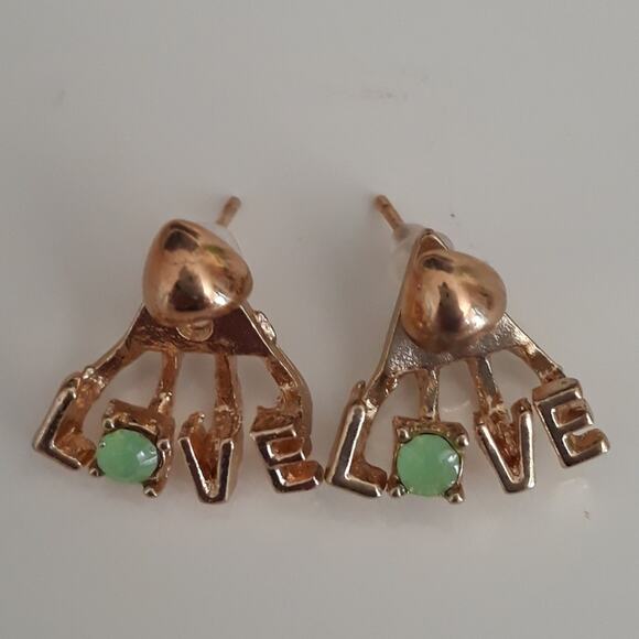 2- in-1 Heart Love Earrings Gold Green Lobe Cuff - Picture 8 of 9